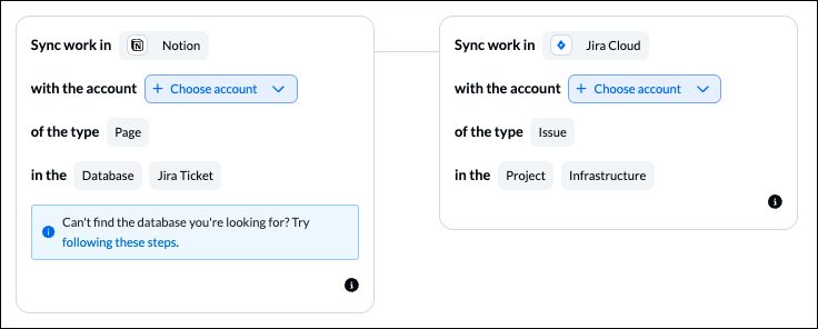 A screenshot of connecting Jira Software Cloud and Notion to Unito to set up a 2-way workflow