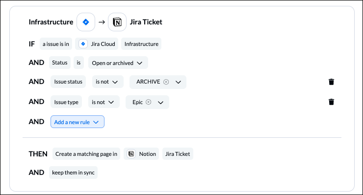 A screenshot of setting conditions to specify which issues to sync from Jira to Notion