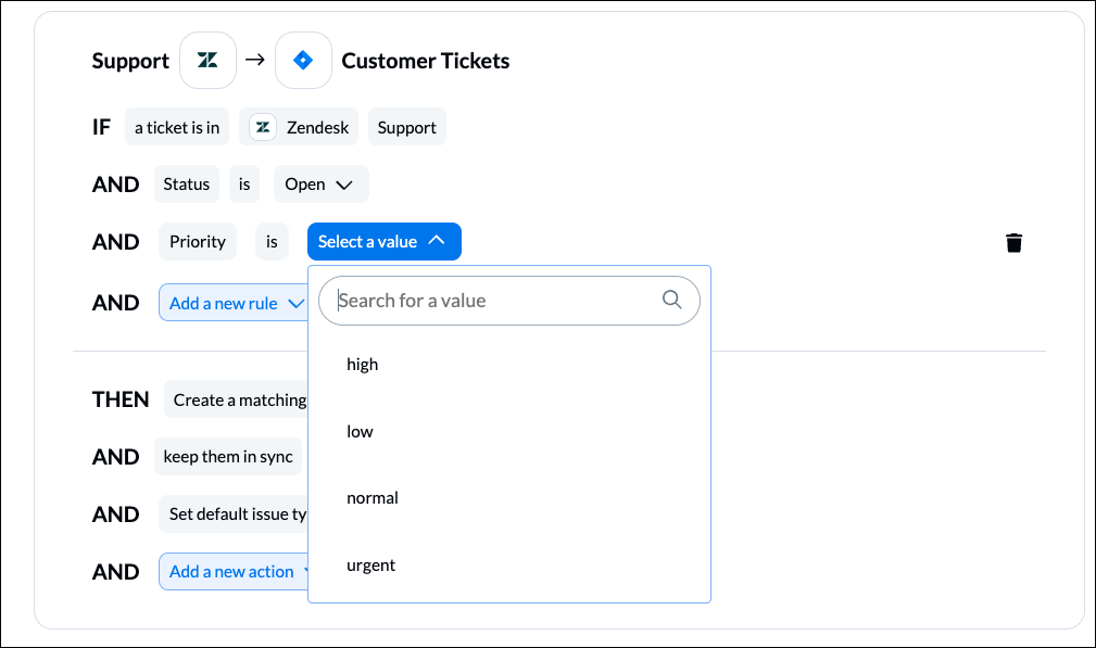 Setting rules to sync Zendesk tickets to Jira with Unito