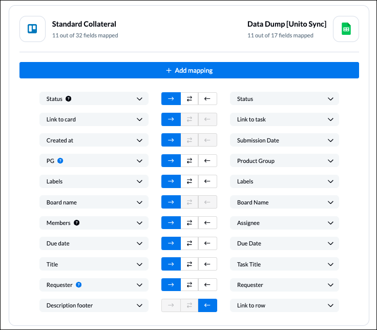 Choose field mappings between Trello cards and Google Sheets rows