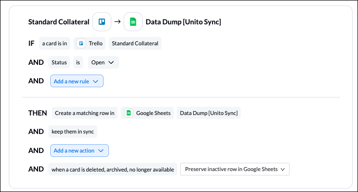 Set up rules to filter data between Trello and Google Sheets