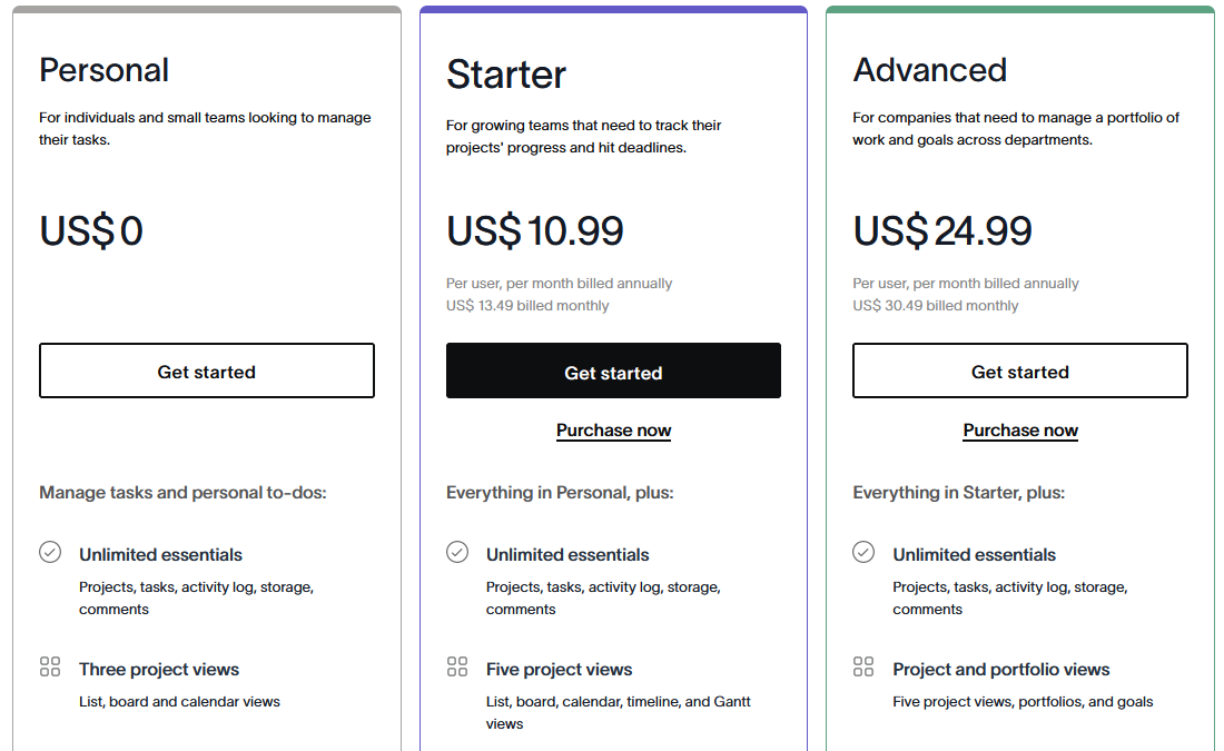A screenshot of Asana's pricing, including its paid plans.
