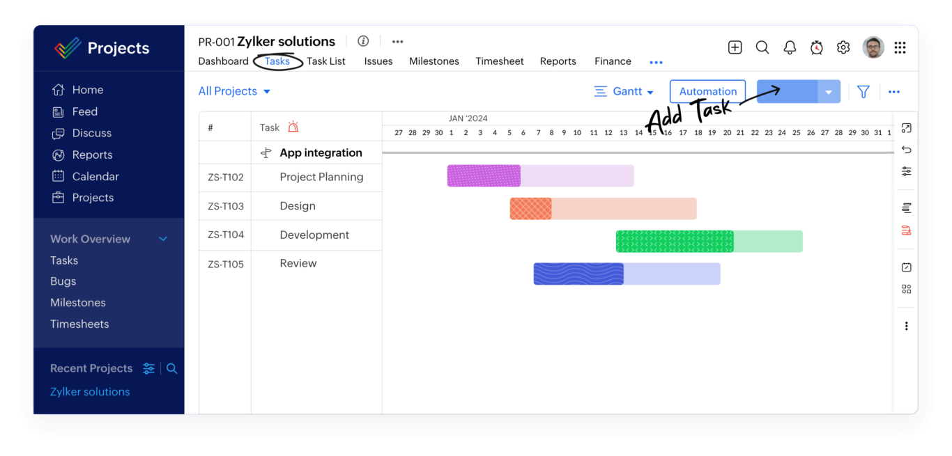 A screenshot of Zoho Projects, one of the most popular project management tools.