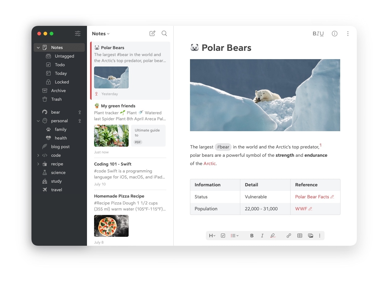 A screenshot of Bear, a note-taking app.