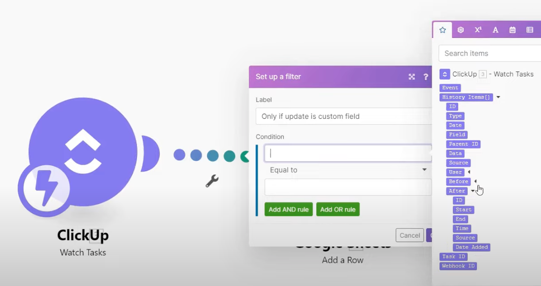 A screenshot of condition criteria in a built-in ClickUp-Jira integration.