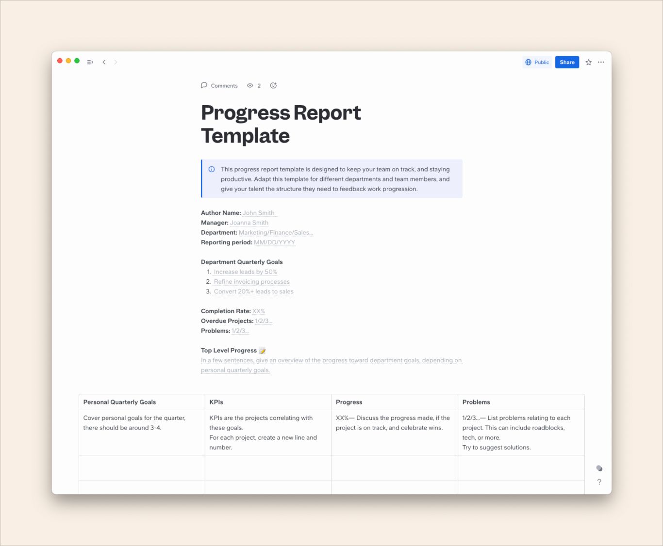 A screenshot of a progress report template.