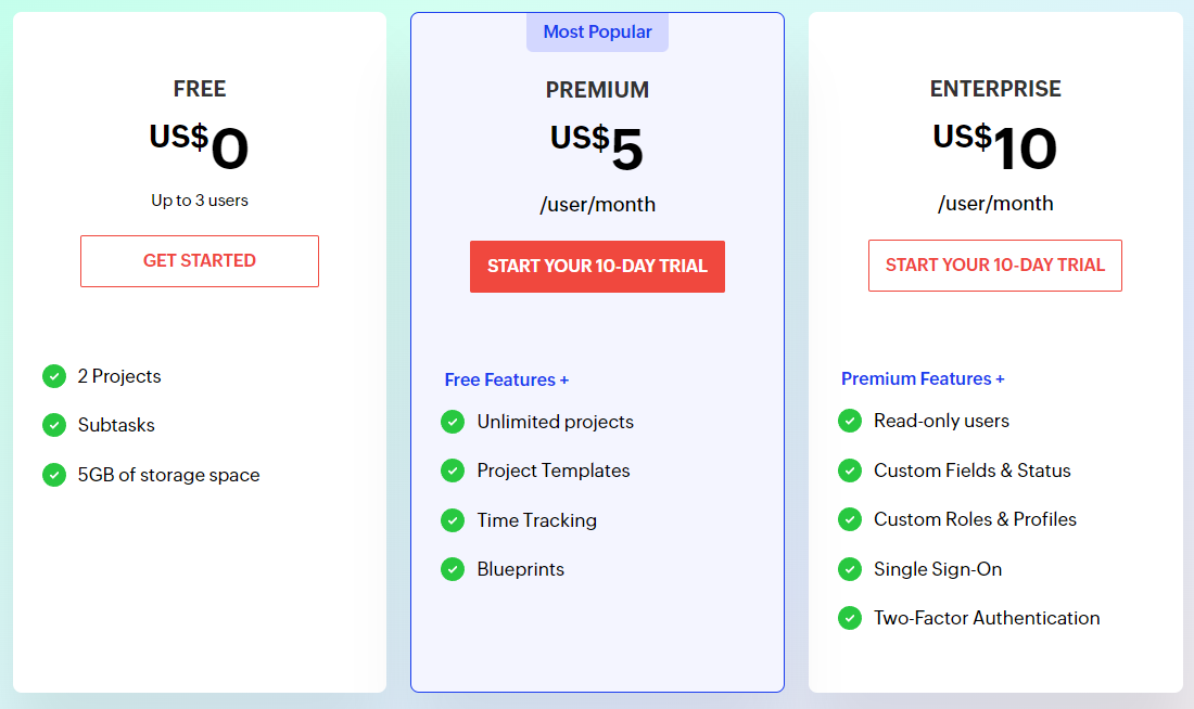 A screenshot of Zoho Projects pricing.