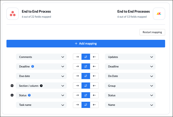 Setting up pairs of field mappings between monday.com and Asana in Unito