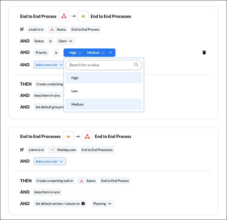 Setting rules in Unito to sync monday.com and Asana bi-directionally