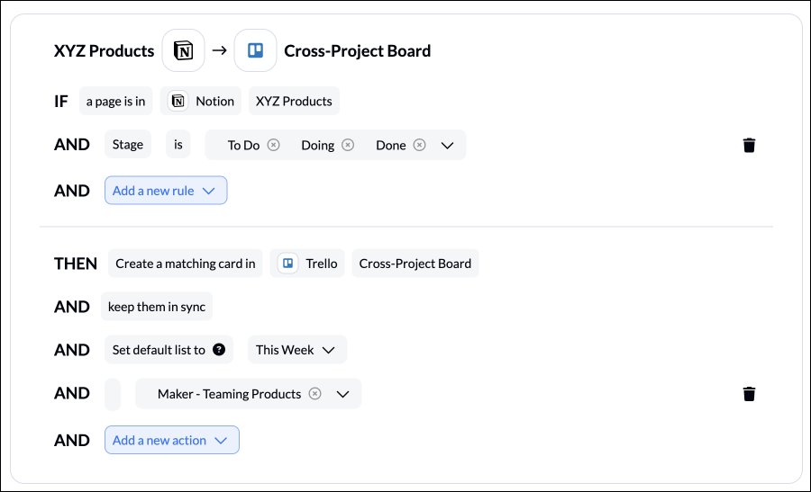 A screenshot of the rules screen in Unito, integrating Notion and Trello to filter data between them