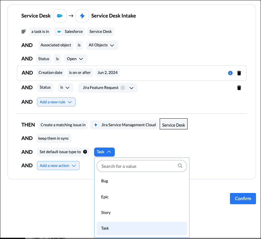 Rules in Unito to sync Salesforce tasks and Jira issues