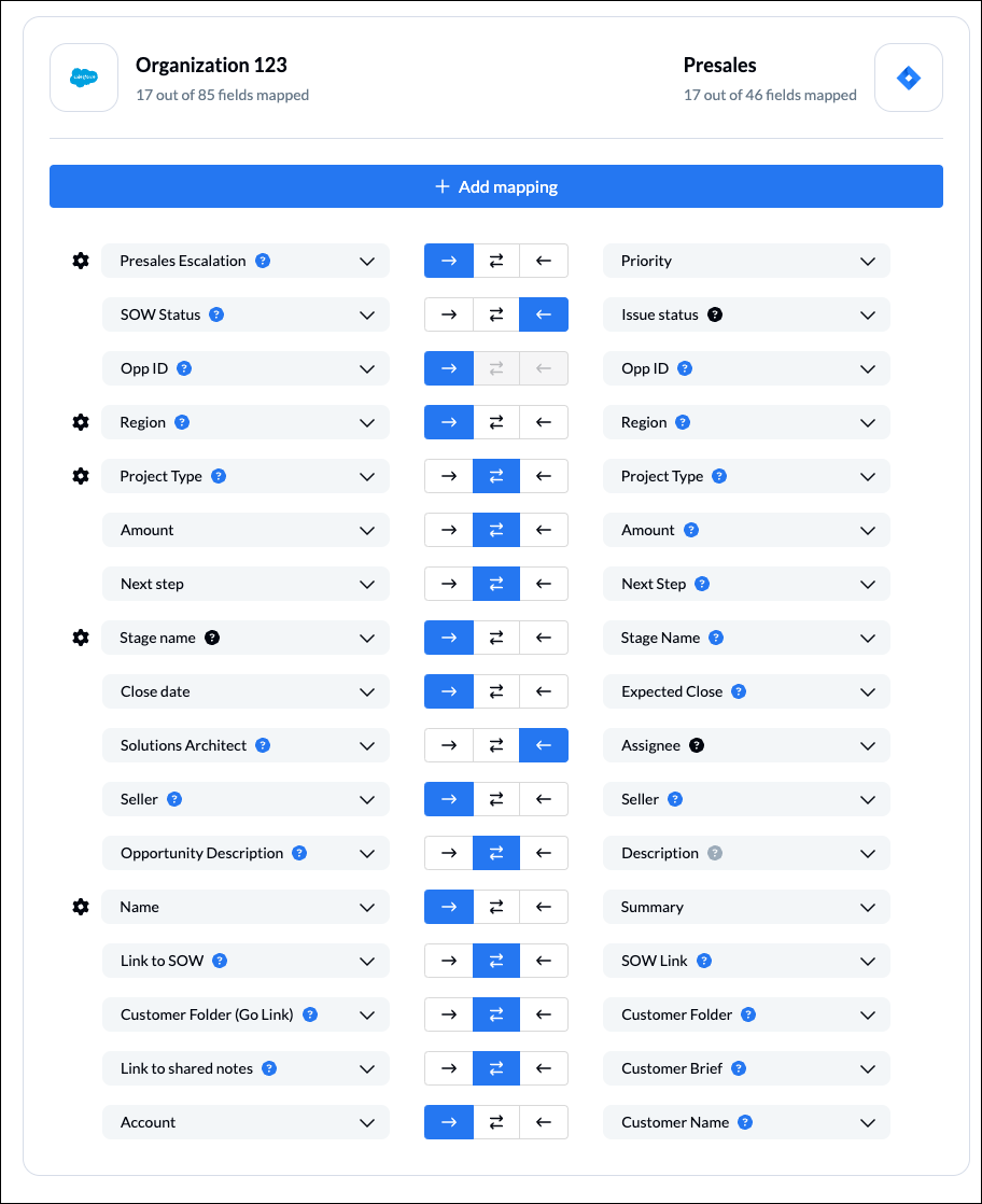 Complex field mappings between Salesforce and Jira with Unito's 2-way flow builder