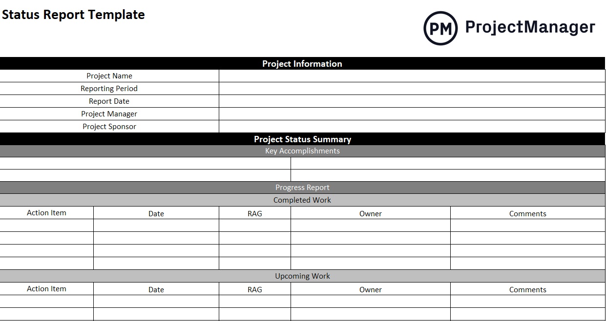A screenshot of a project status report template for Excel.