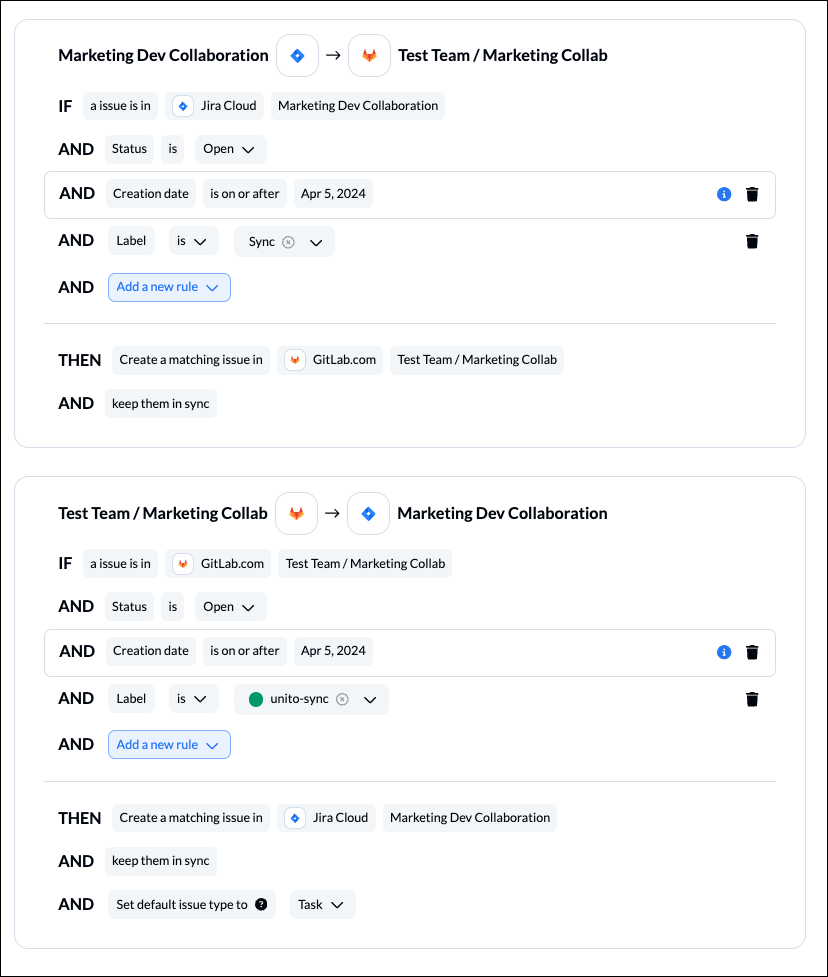 Screenshot of Unito's rules configuration interface, displaying conditional rules for syncing GitLab and Jira issues.