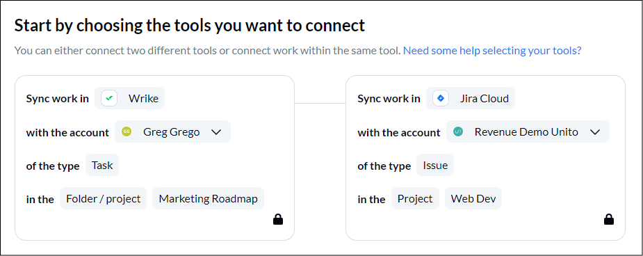 Tool connection screen in Unito Wrike Sync between Wrike and Jira