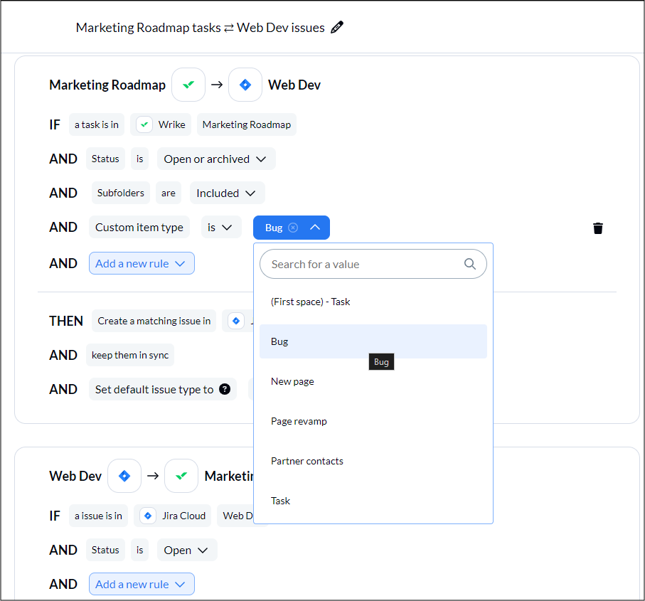 Set up rules to sync Jira issues and Wrike tasks Unito Two Way Sync