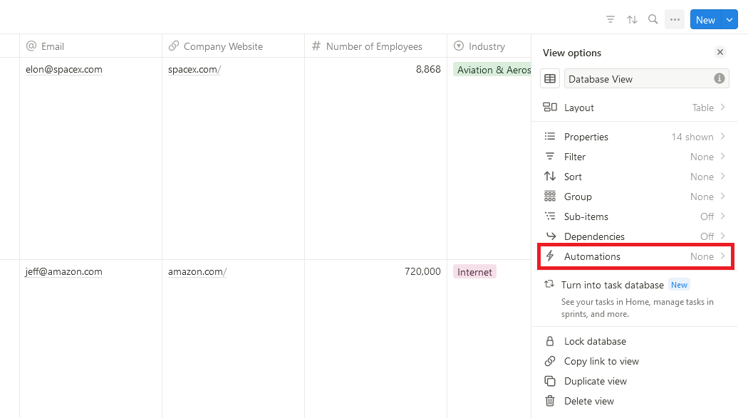 A screenshot of the side panel in a Notion database with Automations highlighted.