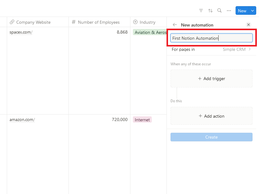 A screenshot of Notion's Automations panel with the title field highlighted.