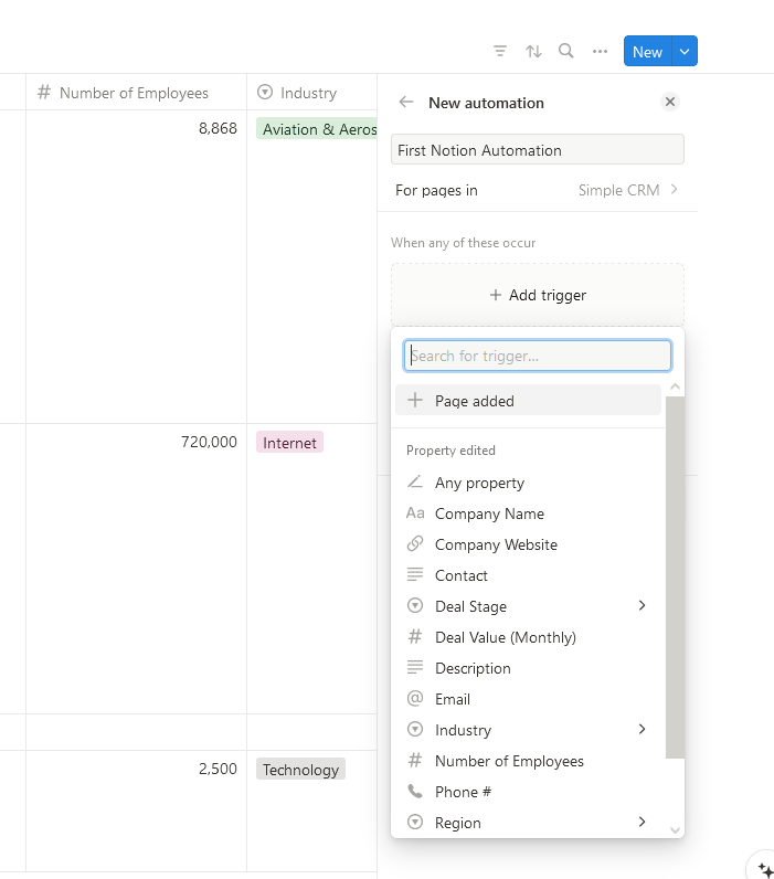 A screenshot of the Add trigger dropdown in Notion automations.