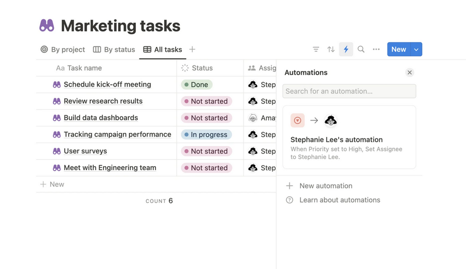 A screenshot of a Notion automation built for a database called Marketing tasks.