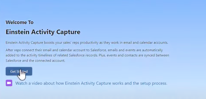A screenshot of the welcome screen to Einstein Activity Capture.
