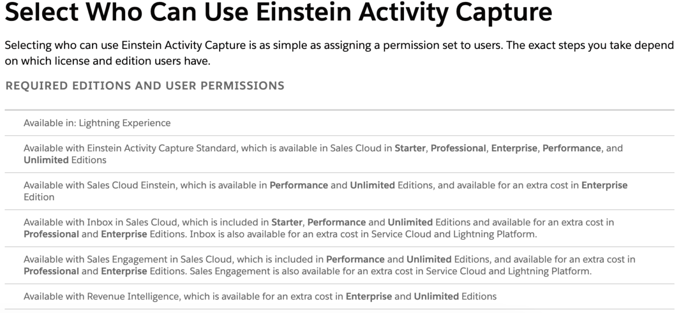 A screenshot of permissions for Einstein Activity Capture, an option for a Salesforce→Outlook integration.