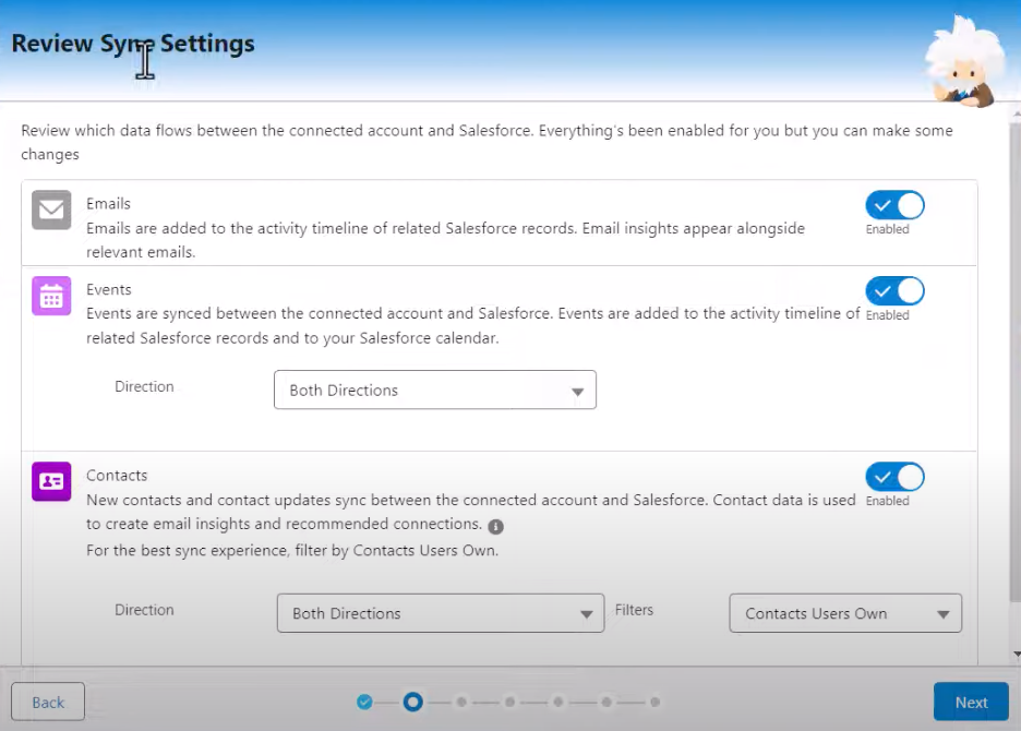 A screenshot of the Review Sync Settings screen in Einstein Activity capture.