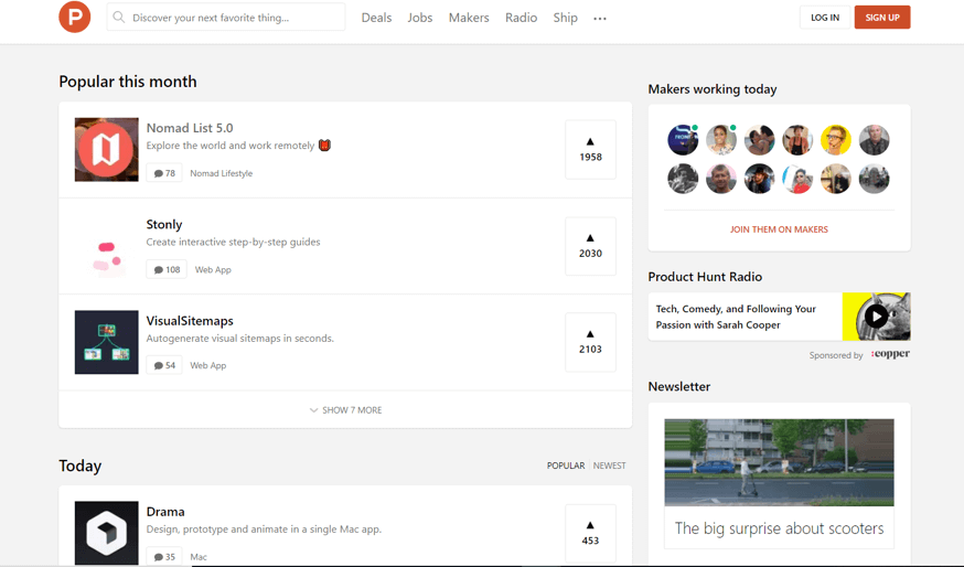 A screenshot of Product Hunt, an example of a community used by startups.