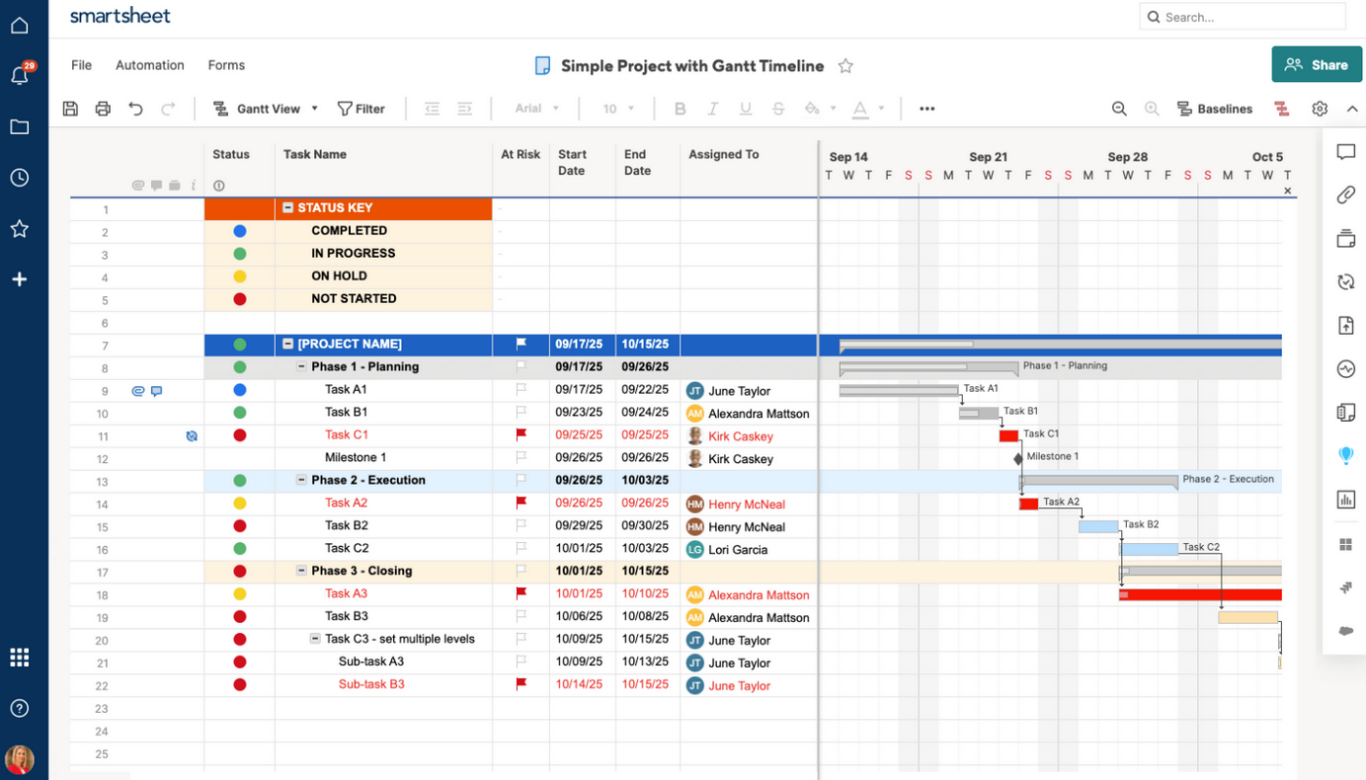 A screenshot of Smartsheet, an example of project management software.