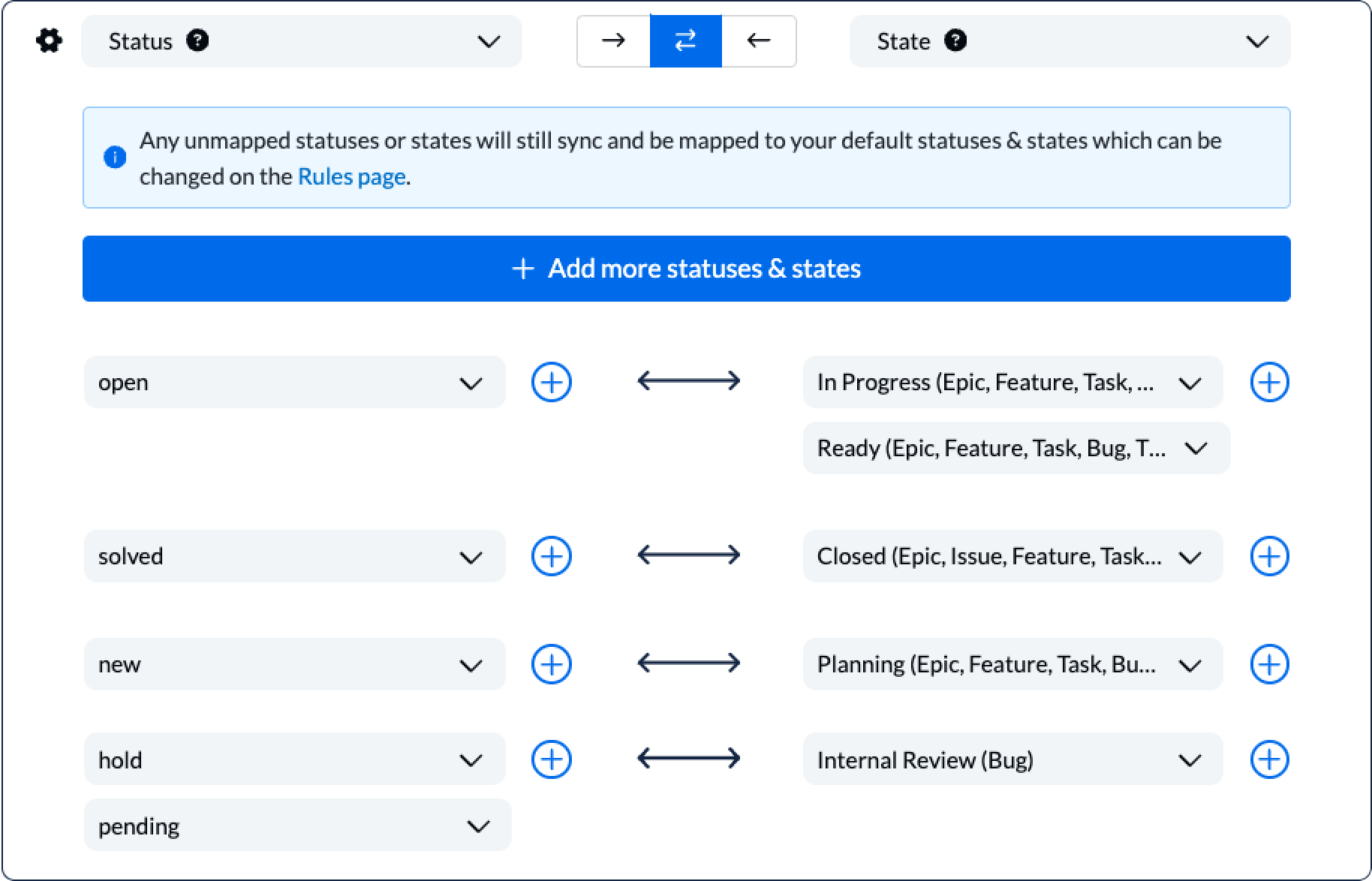 Configurable fields in Unito between Zendesk and Azure DevOps statuses and states