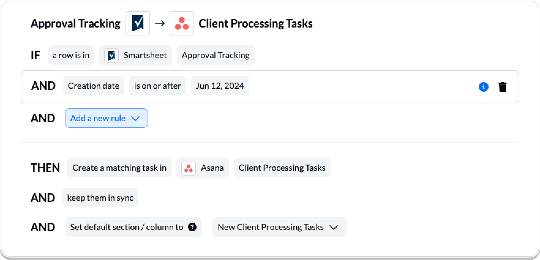 Setting rules in Unito to control the syncing of tasks and rows between Asana and Smartsheet