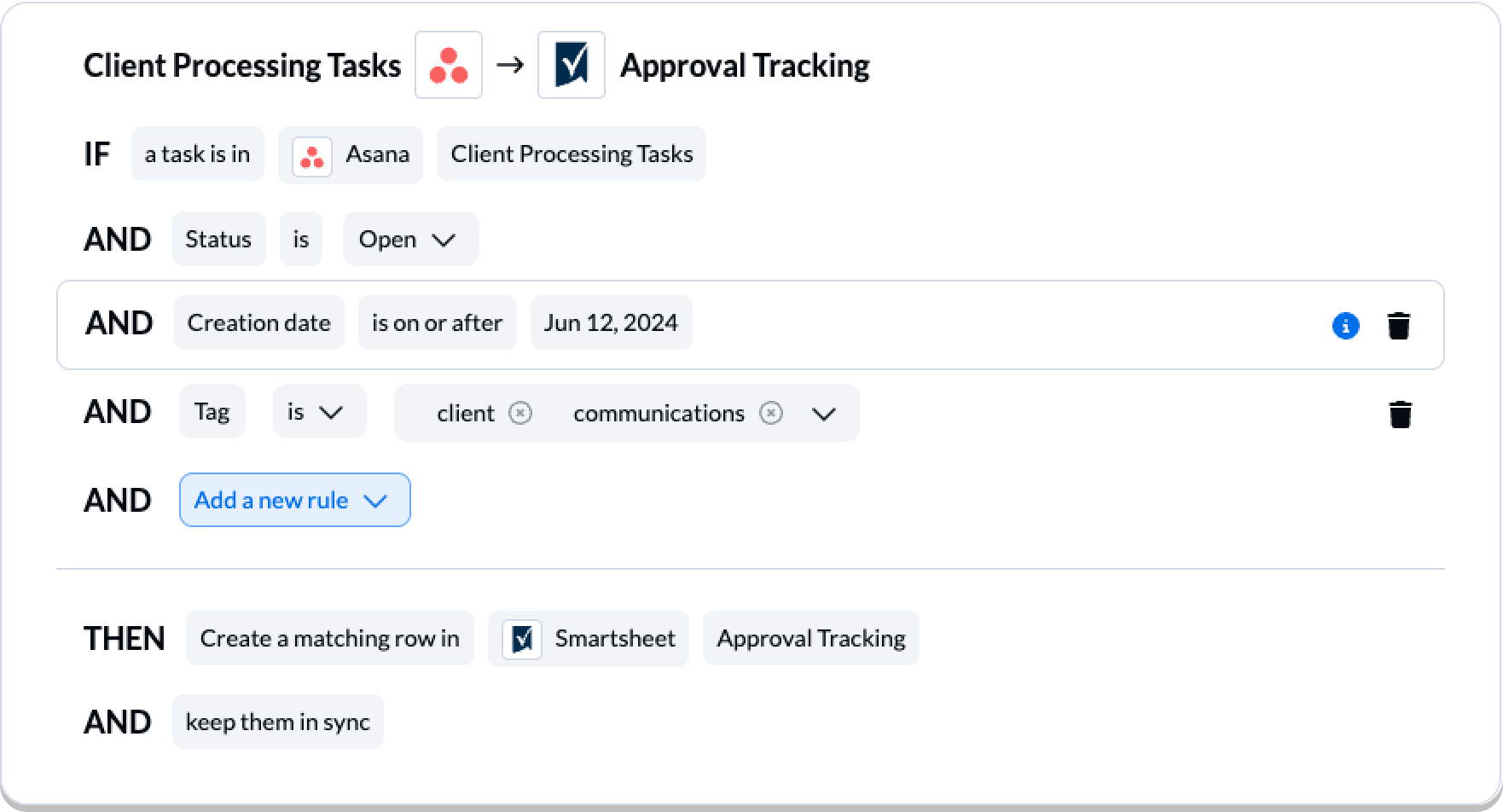 Rules in Unito to sync tasks from Asana to Smartsheet with tags