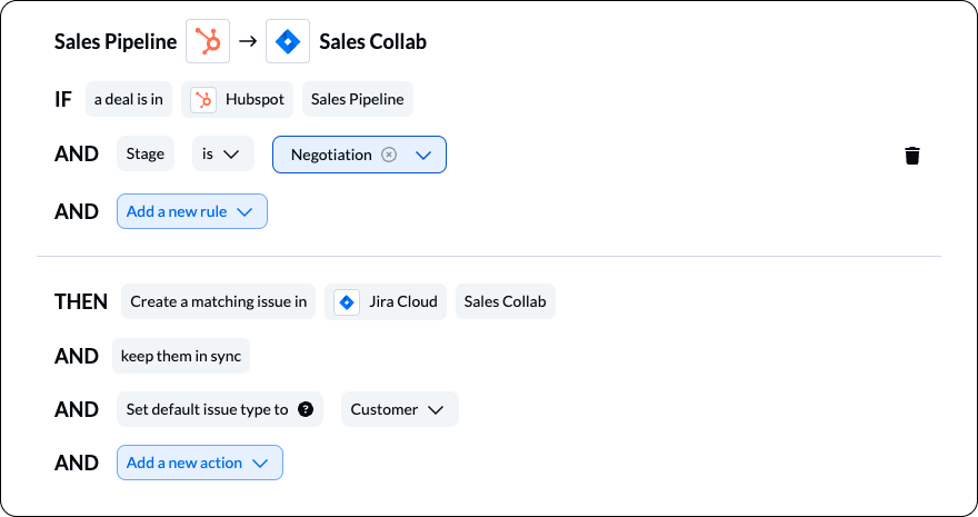 Setting rules in Unito to keep specific HubSpot deals in sync with Jira issues