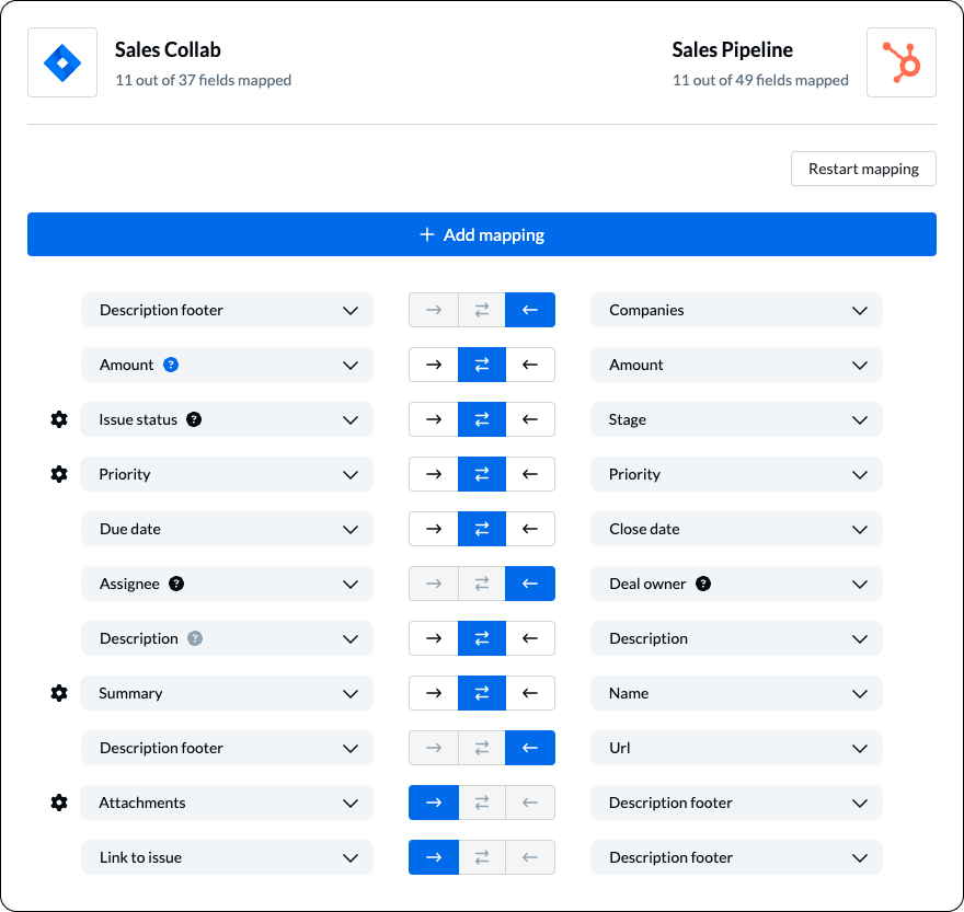 Select field mappings to keep in sync between Jira and HubSpot with Unito two-way sync