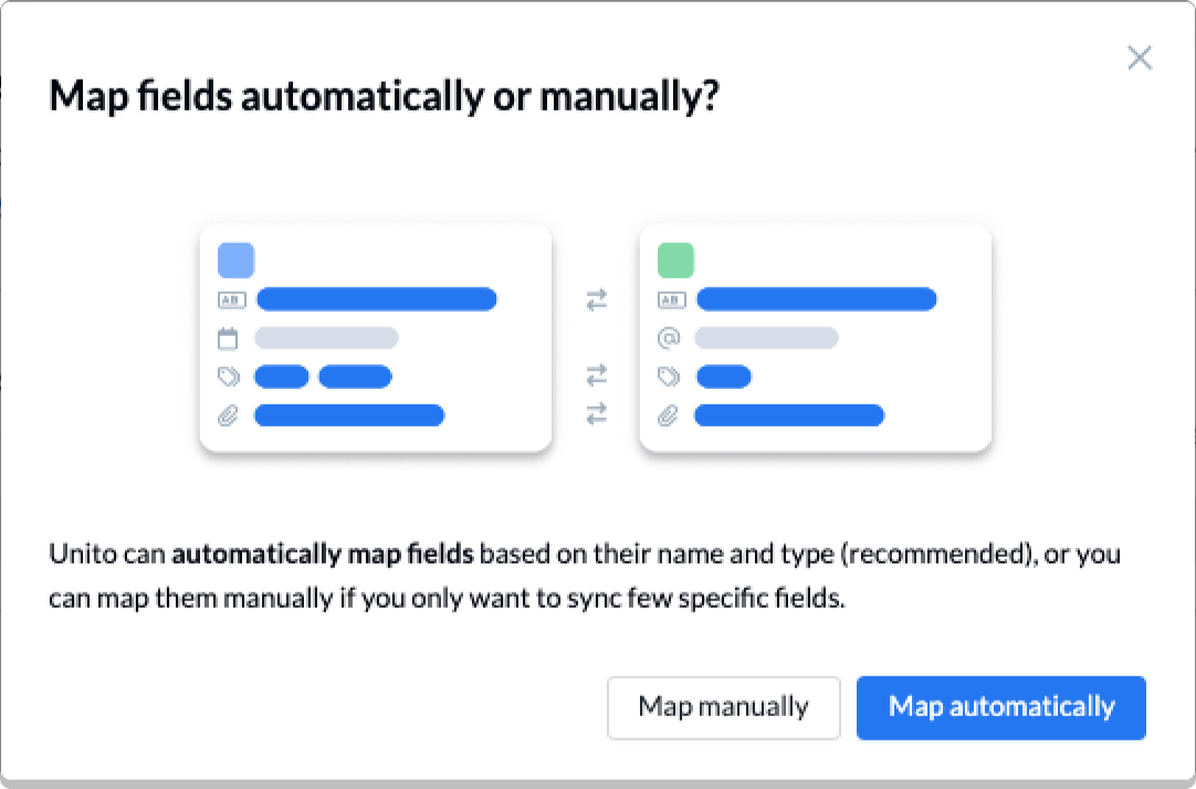 Unito's auto mapping table for fields