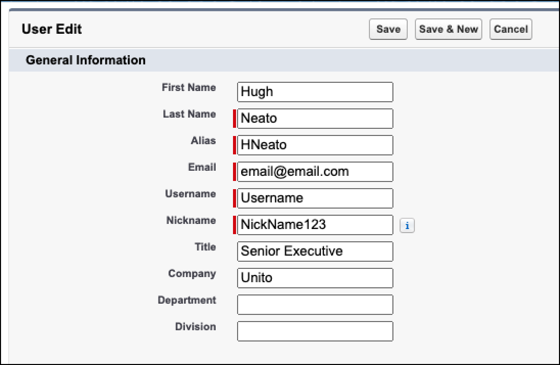 A screenshot of a Salesforce contact with editable fields including: first name, last name, alias, email, username, nickname, title, company, department, and division.