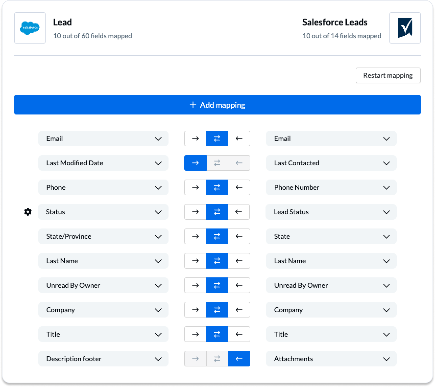 A table of field mappings in Unito between Salesforce and Smartsheet