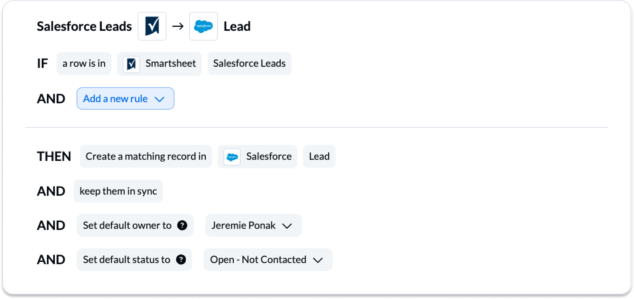 Rules in Unito to sync tasks from Salesforce to Smartsheet with tags.