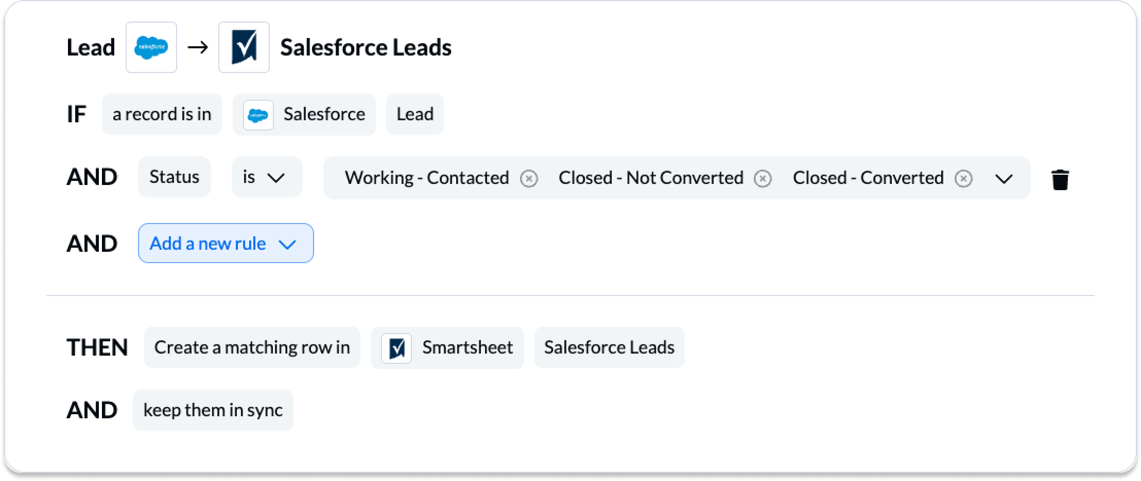 Setting rules in Unito to control the syncing of tasks and rows between Salesforce and Smartsheet.
