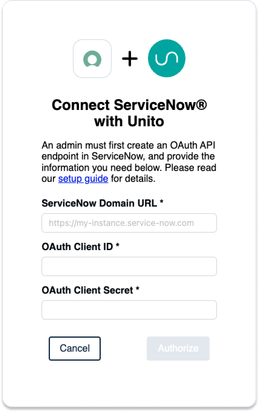 A screenshot of the OAuth screen for ServiceNow in Unito.