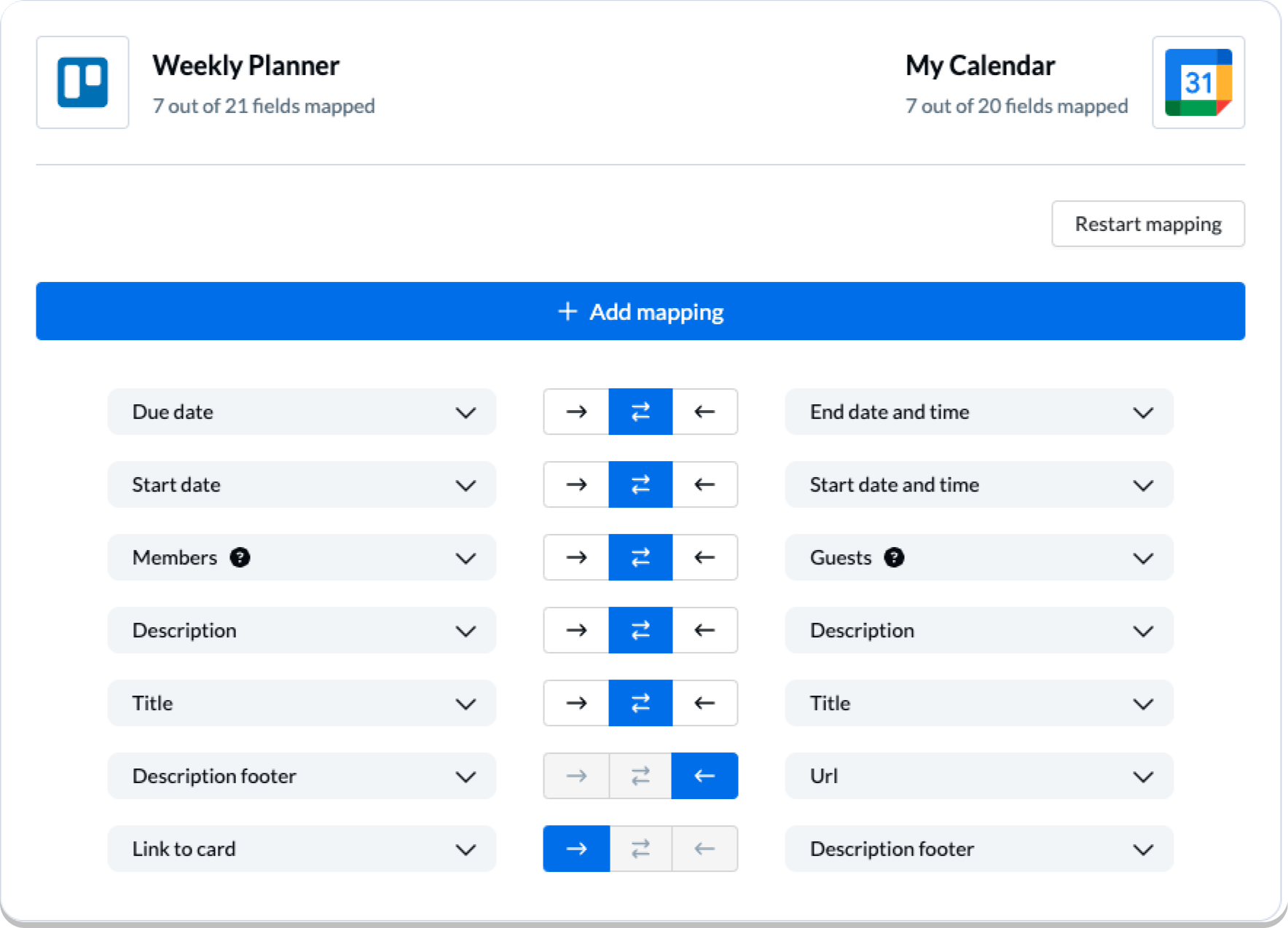 Unito 2-way field mapping sync between Trello and Google Calendar