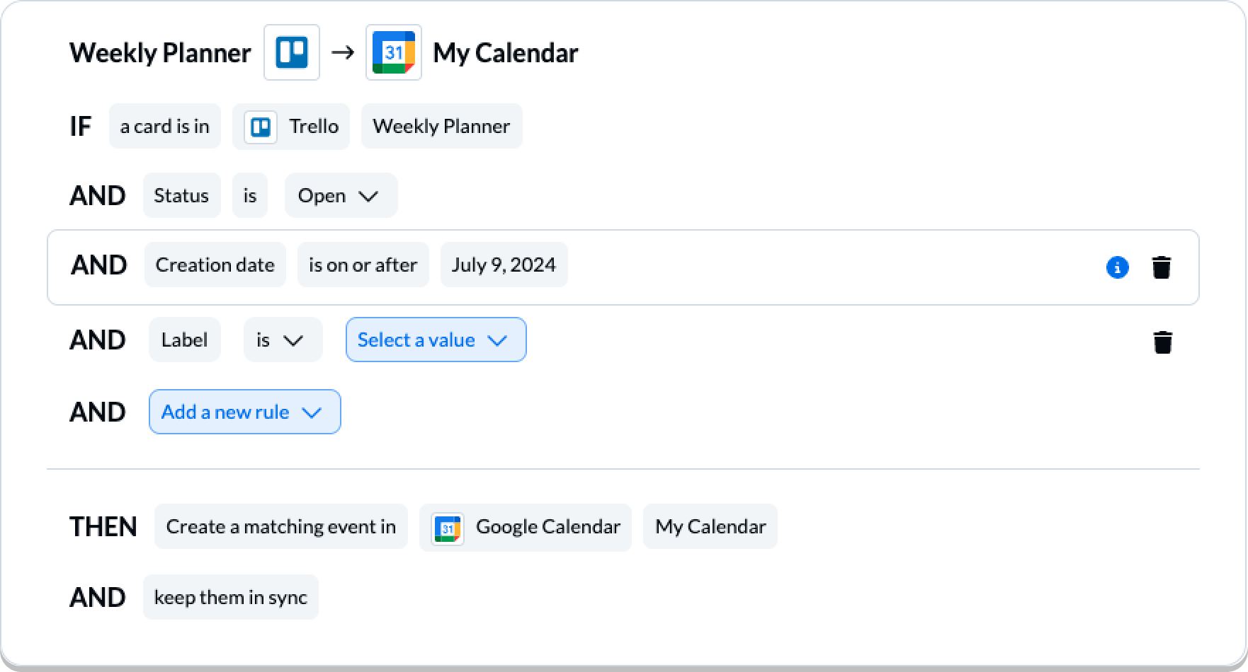Setting rules for a Unito 2-way sync between Trello and Google Calendar