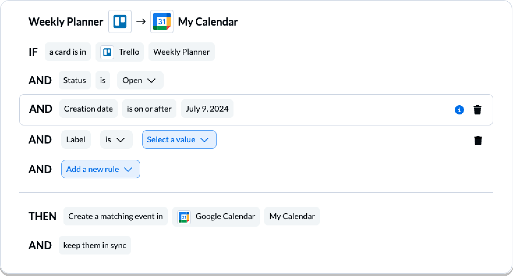 Setting rules for a Unito 2-way sync between Trello and Google Calendar