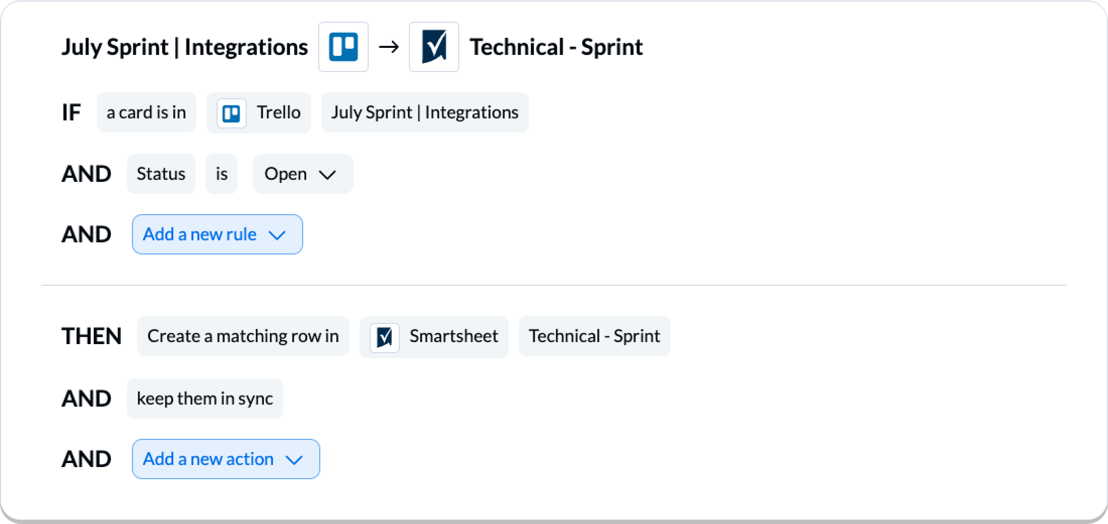 Setting rules in Unito to control the syncing of cards and rows between Trello and Smartsheet