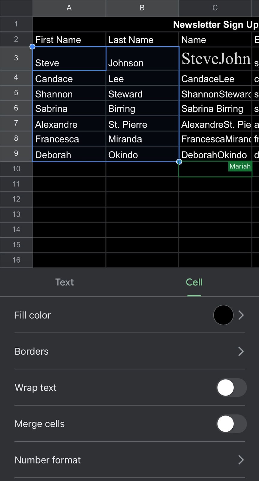 A screenshot of a Google Sheet open in the mobile app.