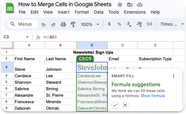 A screenshot of a Google Sheet with the cell merging formula.