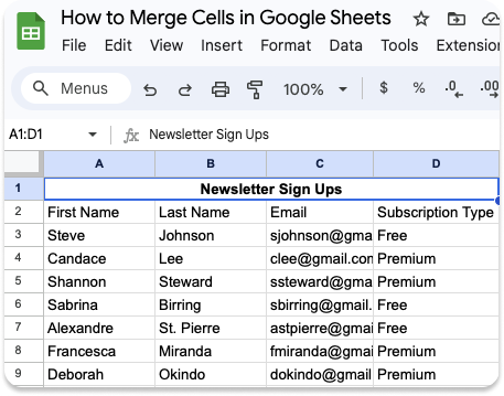 A Google Sheets spreadsheet after cells have been merged.