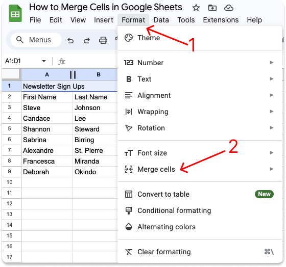 A screenshot of a Google Sheet with the Format menu open.