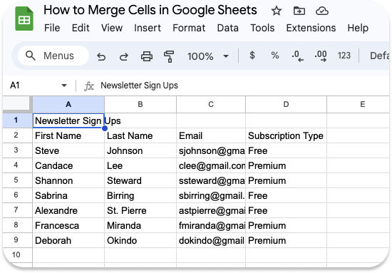 A screenshot of a Google Sheet, with cells ready to be merged.