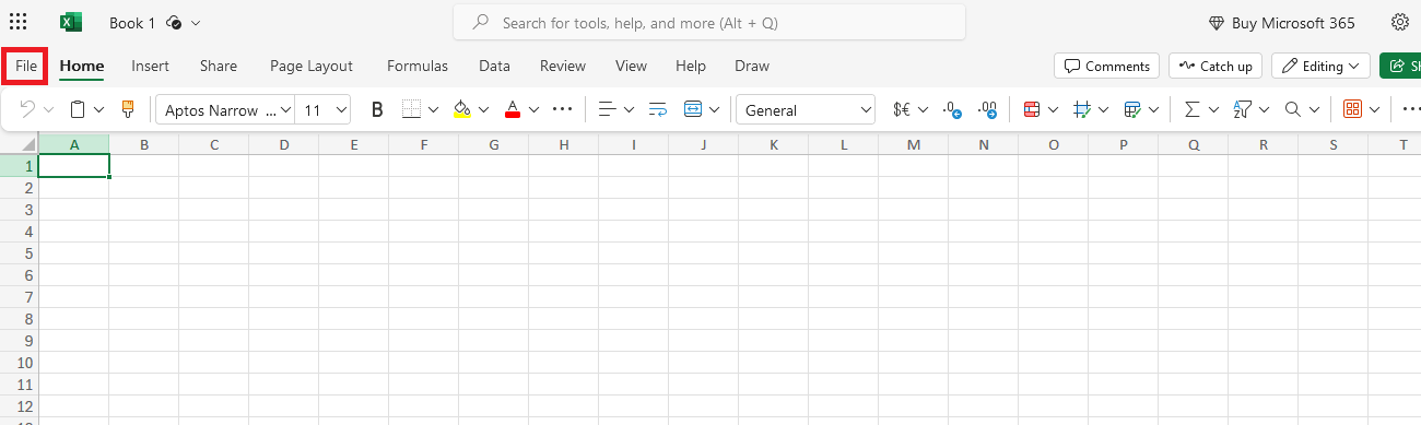 A screenshot of an Excel workbook with File highlighted.